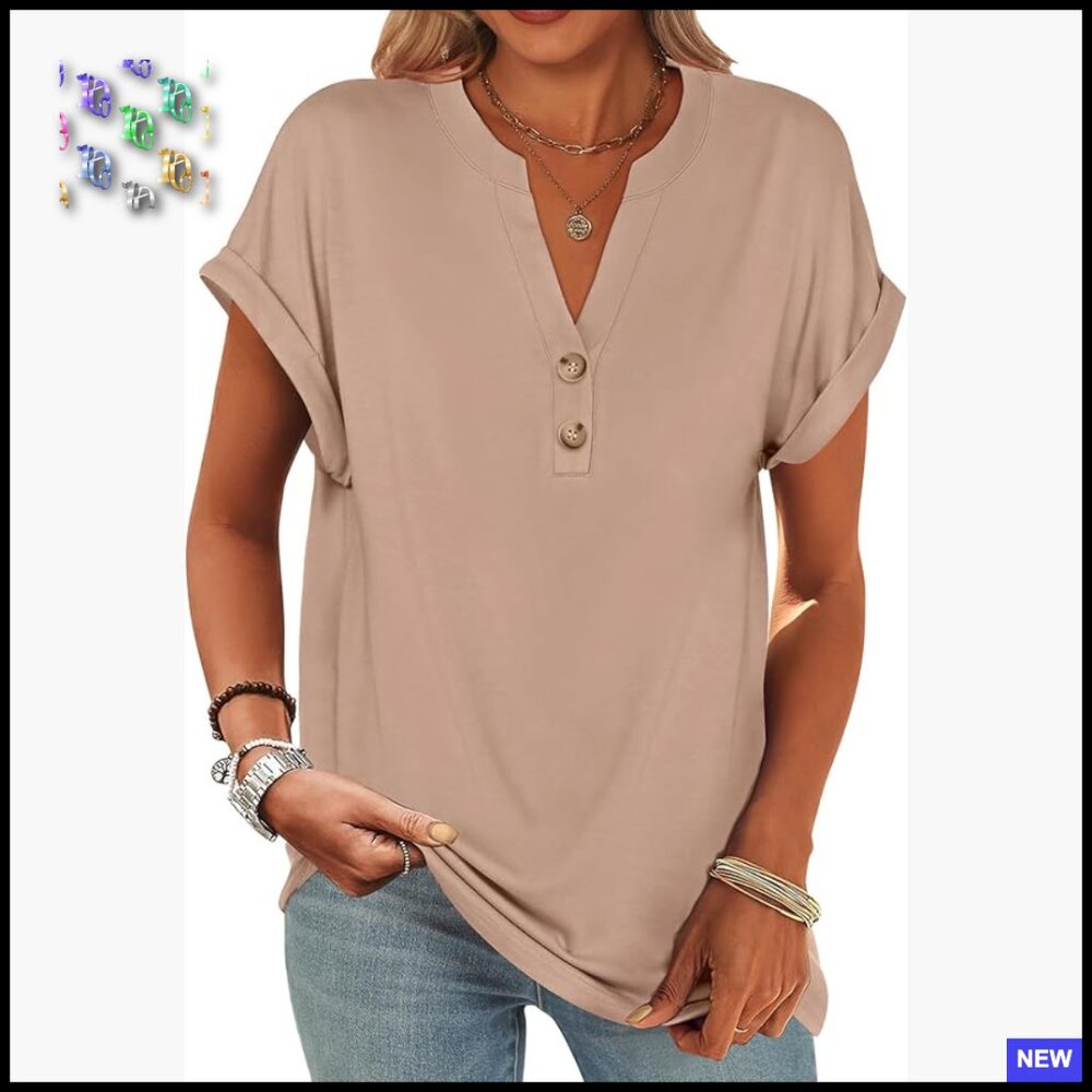 V-Neck Henley Top Loose Fit Summer Casual Blouse Tunic Length Tee Shirt